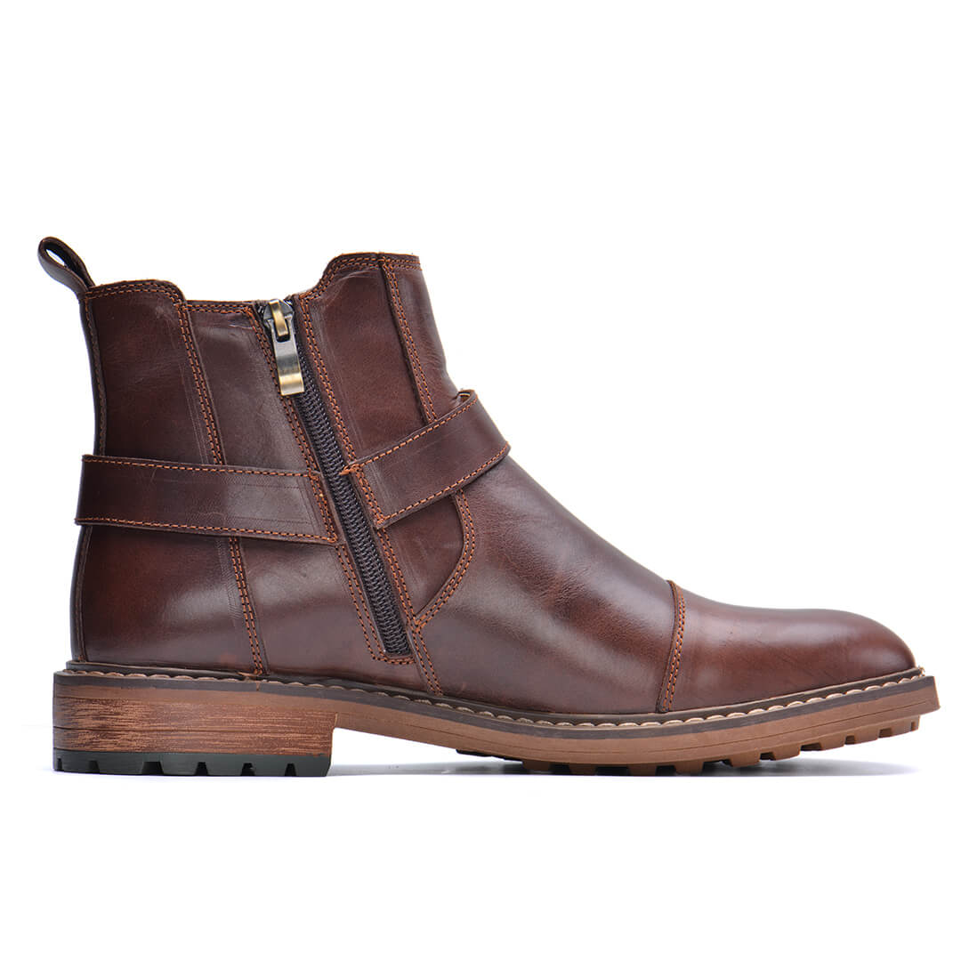 Jasper - Men's Buckle Strap Harness Ankle Boots with Cap Toe Design