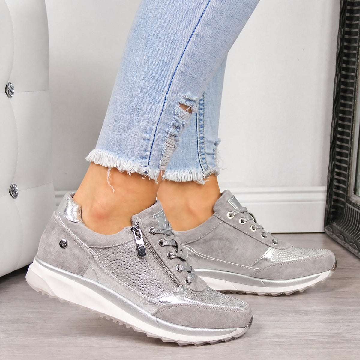 Rowan - Women's Supportive Lace-Up Sneaker with Rhinestone Detail