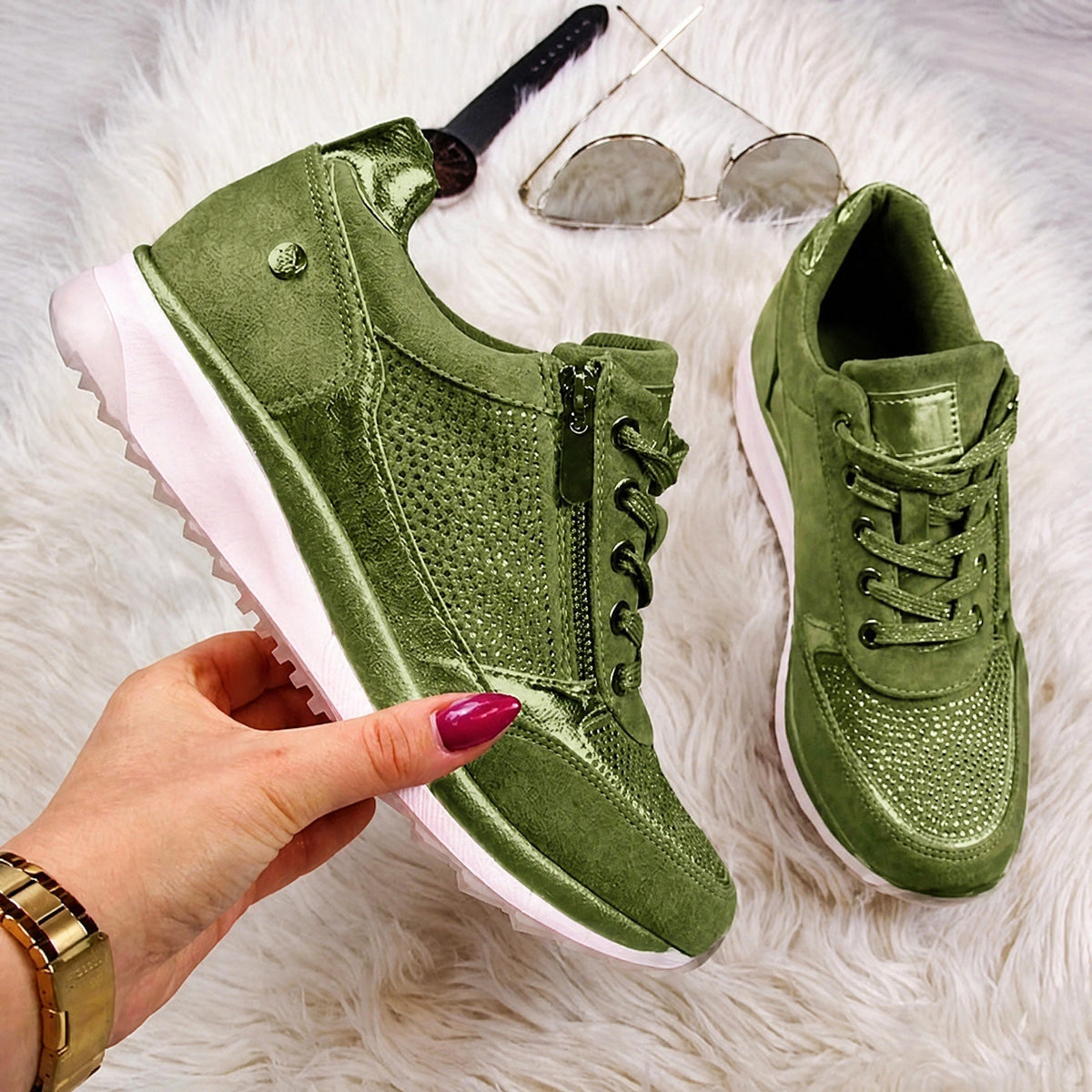 Rowan - Women's Supportive Lace-Up Sneaker with Rhinestone Detail