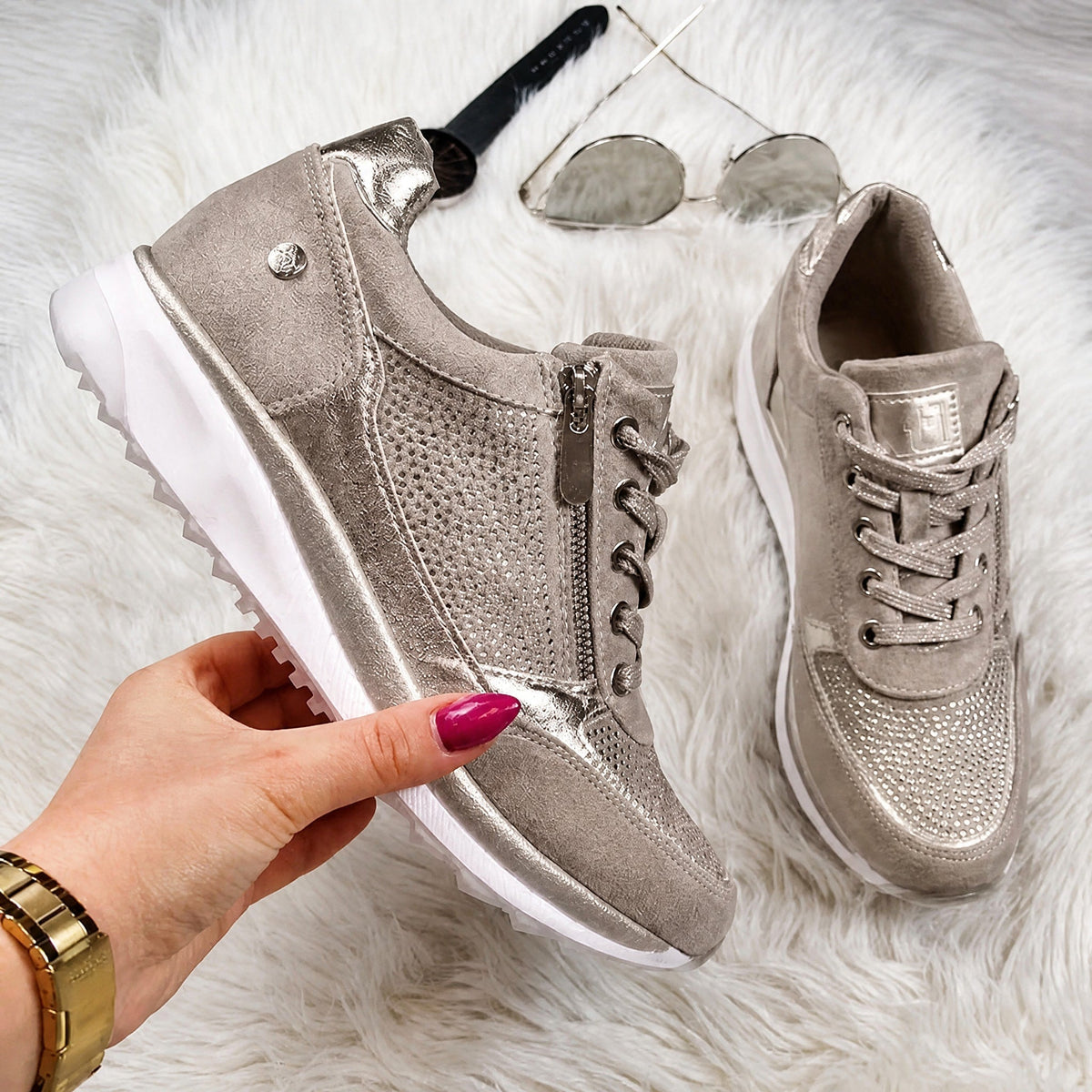 Rowan - Women's Supportive Lace-Up Sneaker with Rhinestone Detail