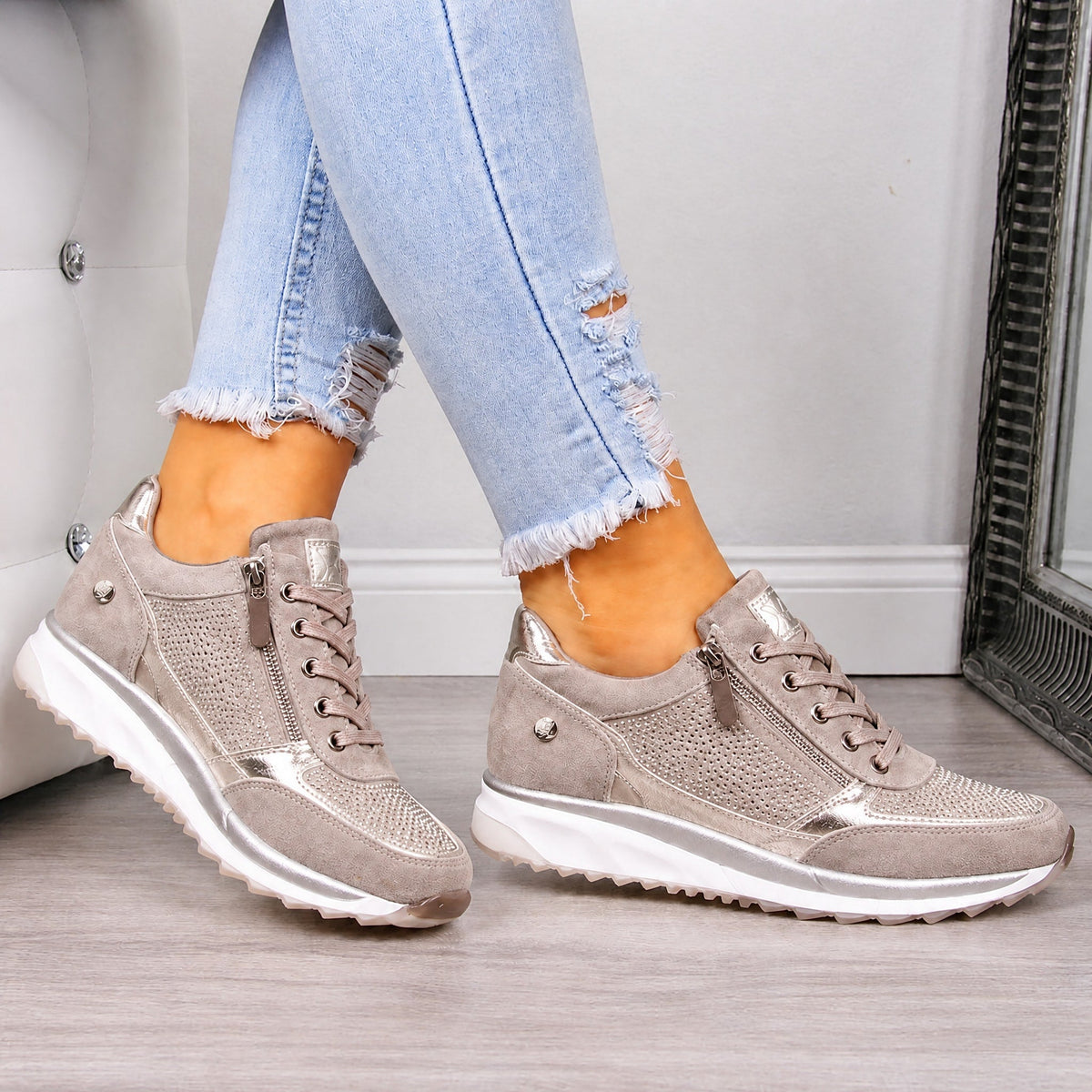Rowan - Women's Supportive Lace-Up Sneaker with Rhinestone Detail