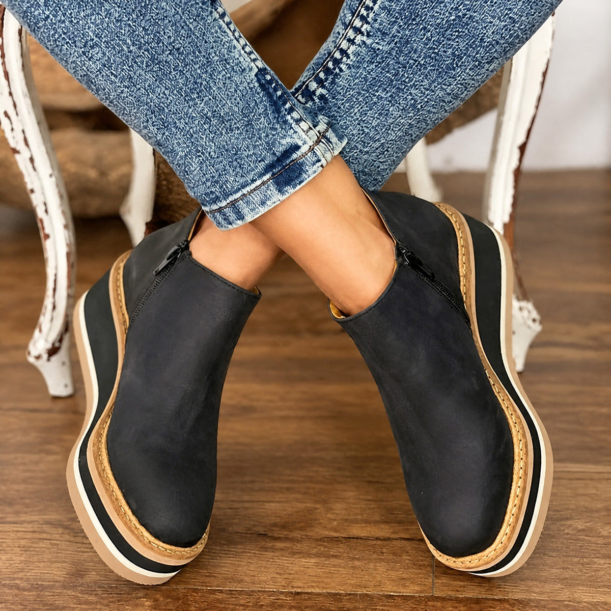 Rowan - Women's Supportive Platform Wedge Ankle Boots with Side Zip Closure
