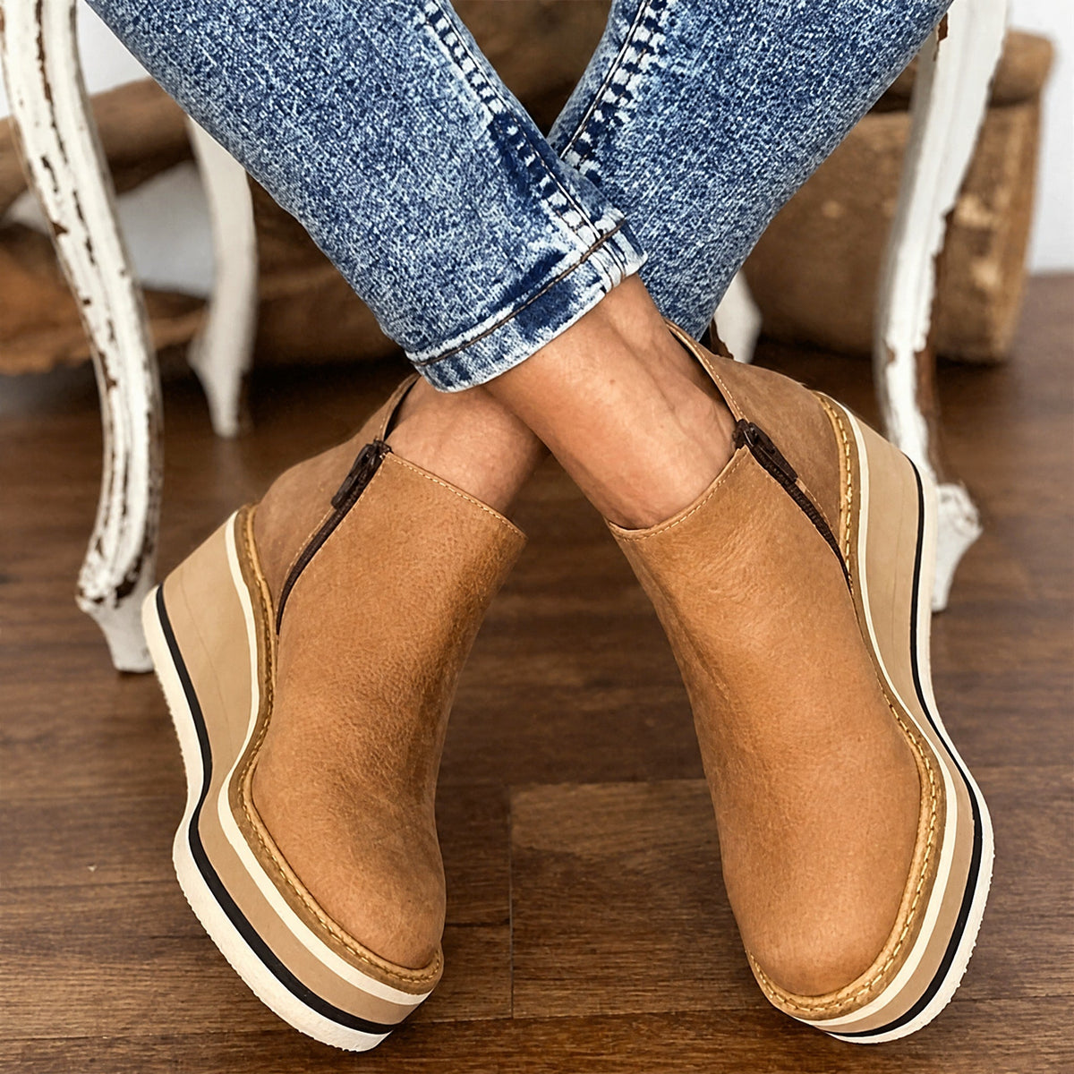Rowan - Women's Supportive Platform Wedge Ankle Boots with Side Zip Closure