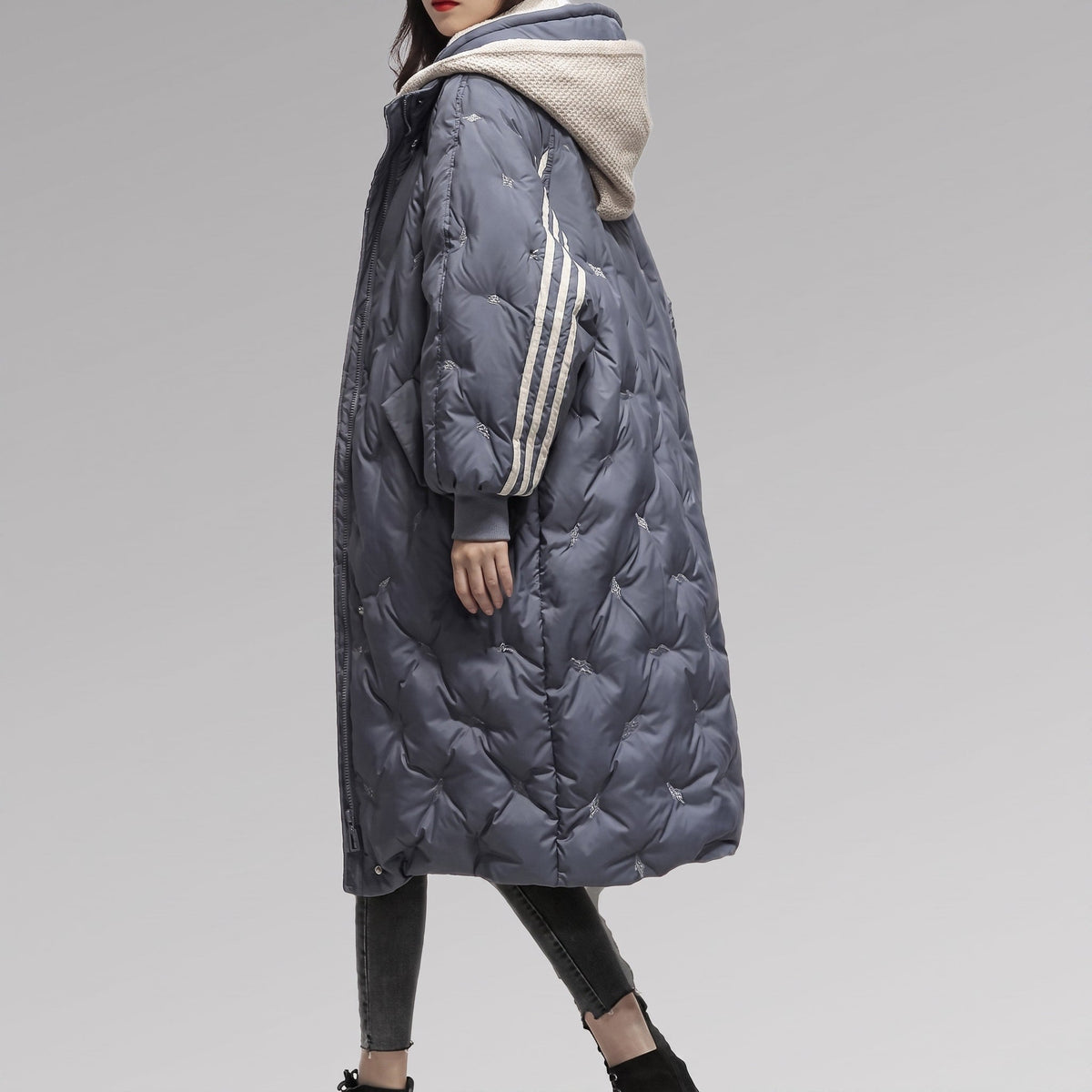 Sophia - Women's Hooded Longline Puffer Coat with Striped Cuffs