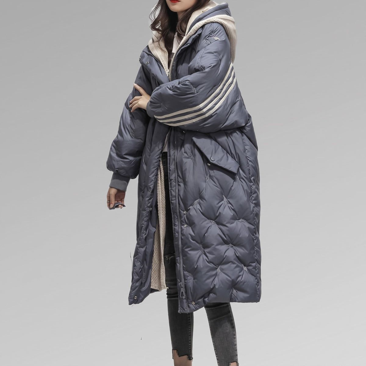 Sophia - Women's Hooded Longline Puffer Coat with Striped Cuffs