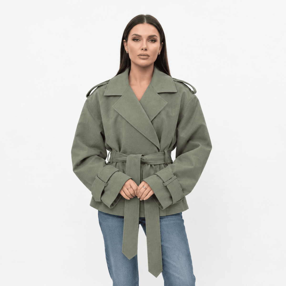 Sophie - Women's Belted Cropped Trench Jacket with Notch Lapel