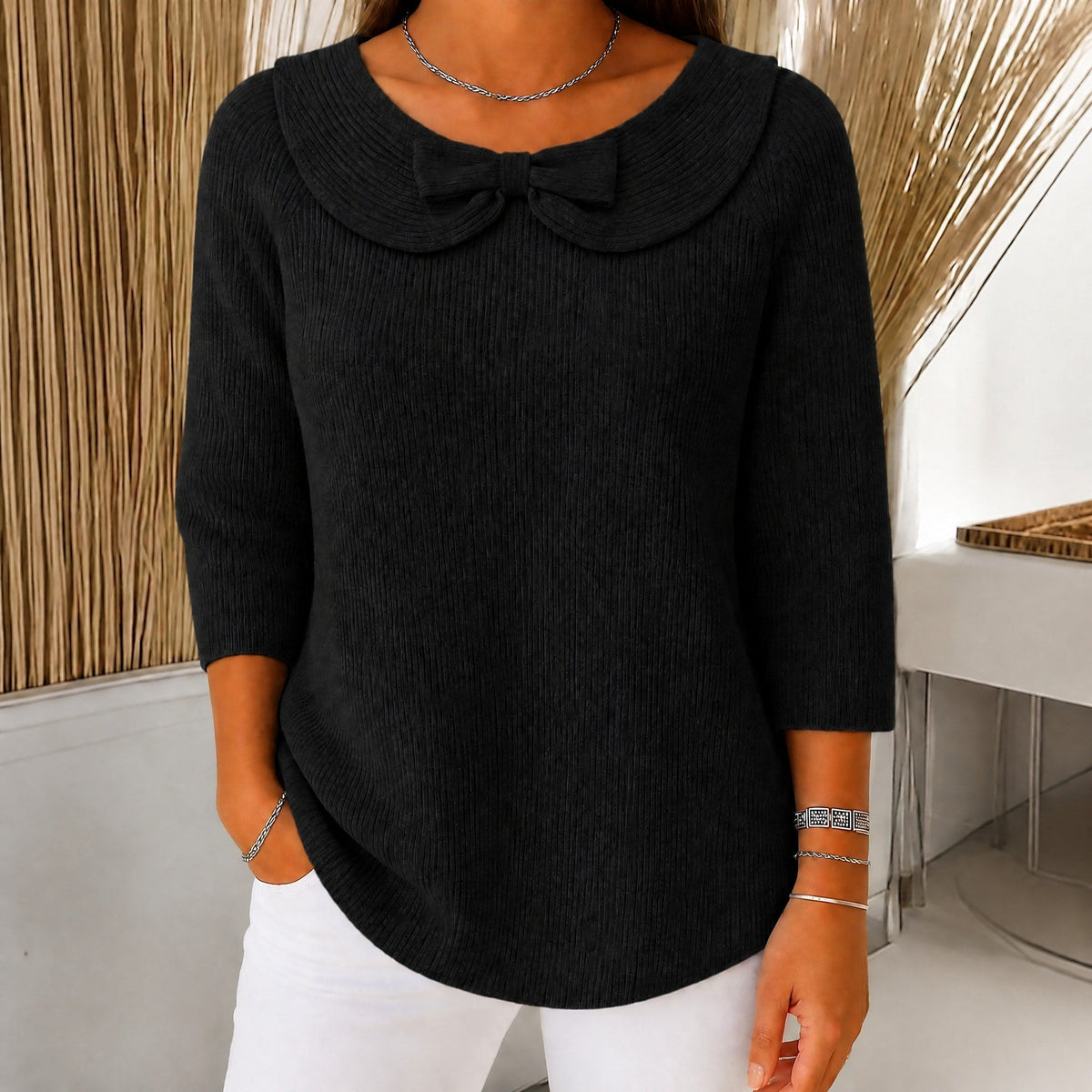 Sophie - Women's Bow Collar Ribbed Knit Sweater with Three-Quarter Sleeves