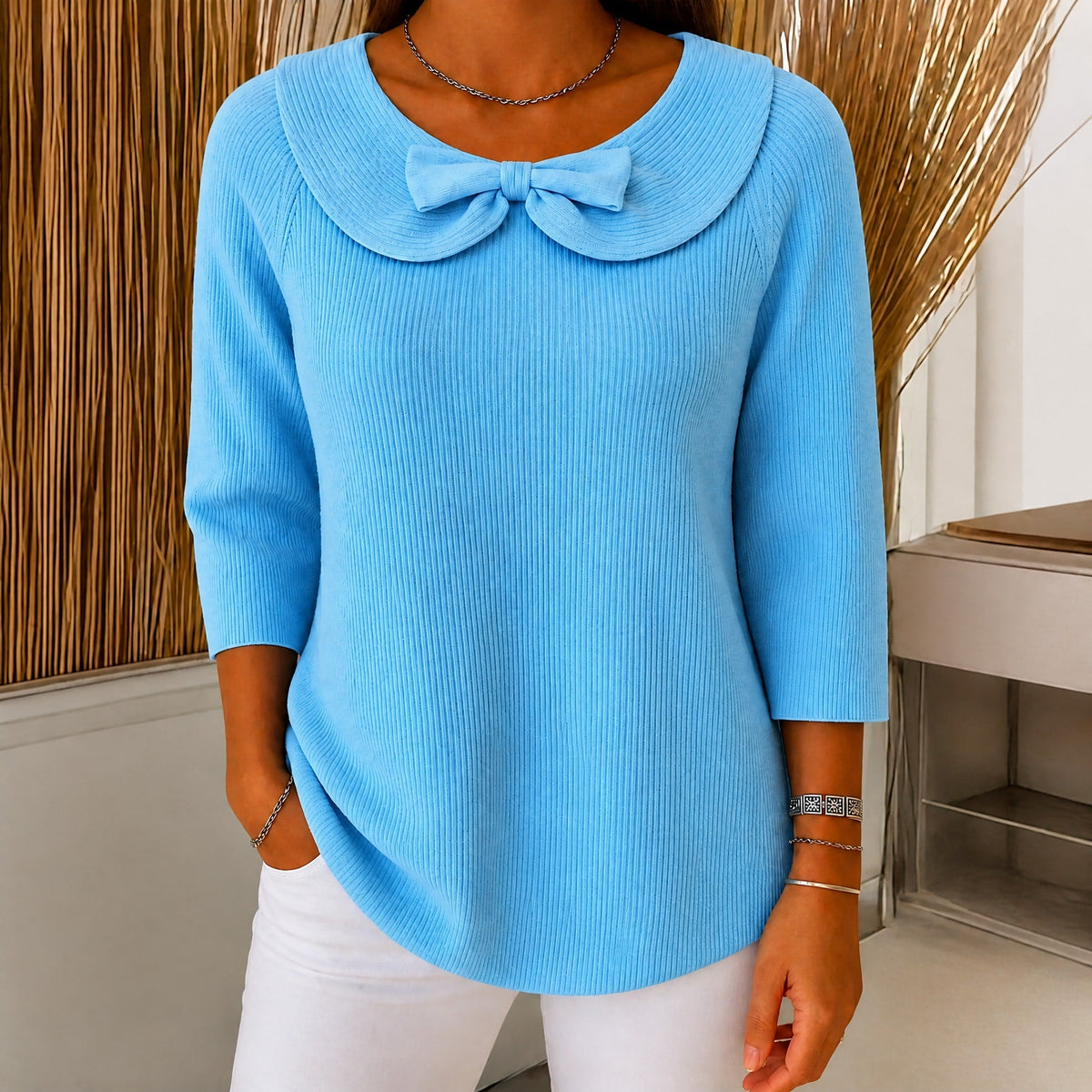Sophie - Women's Bow Collar Ribbed Knit Sweater with Three-Quarter Sleeves