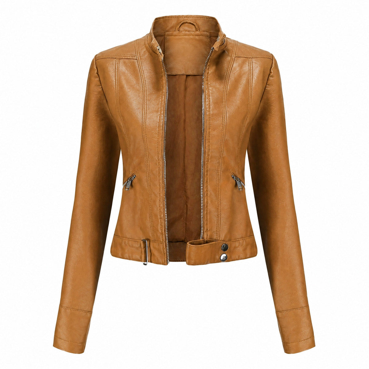 Sophie - Women's Cropped Moto Jacket with Stand Collar and Zip Pockets
