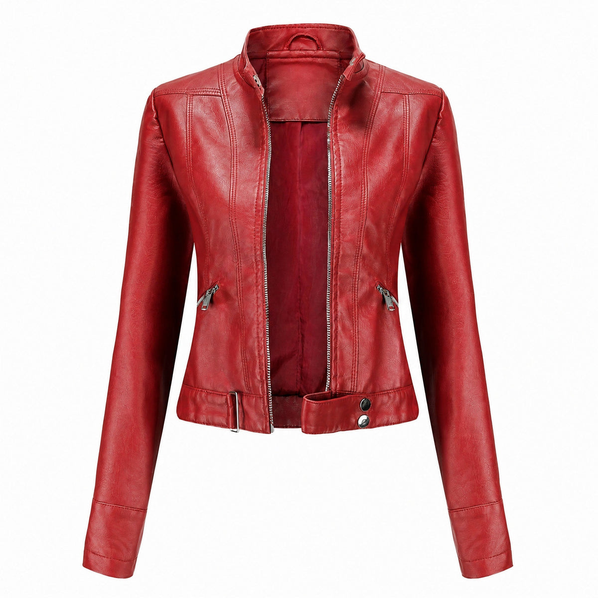 Sophie - Women's Cropped Moto Jacket with Stand Collar and Zip Pockets