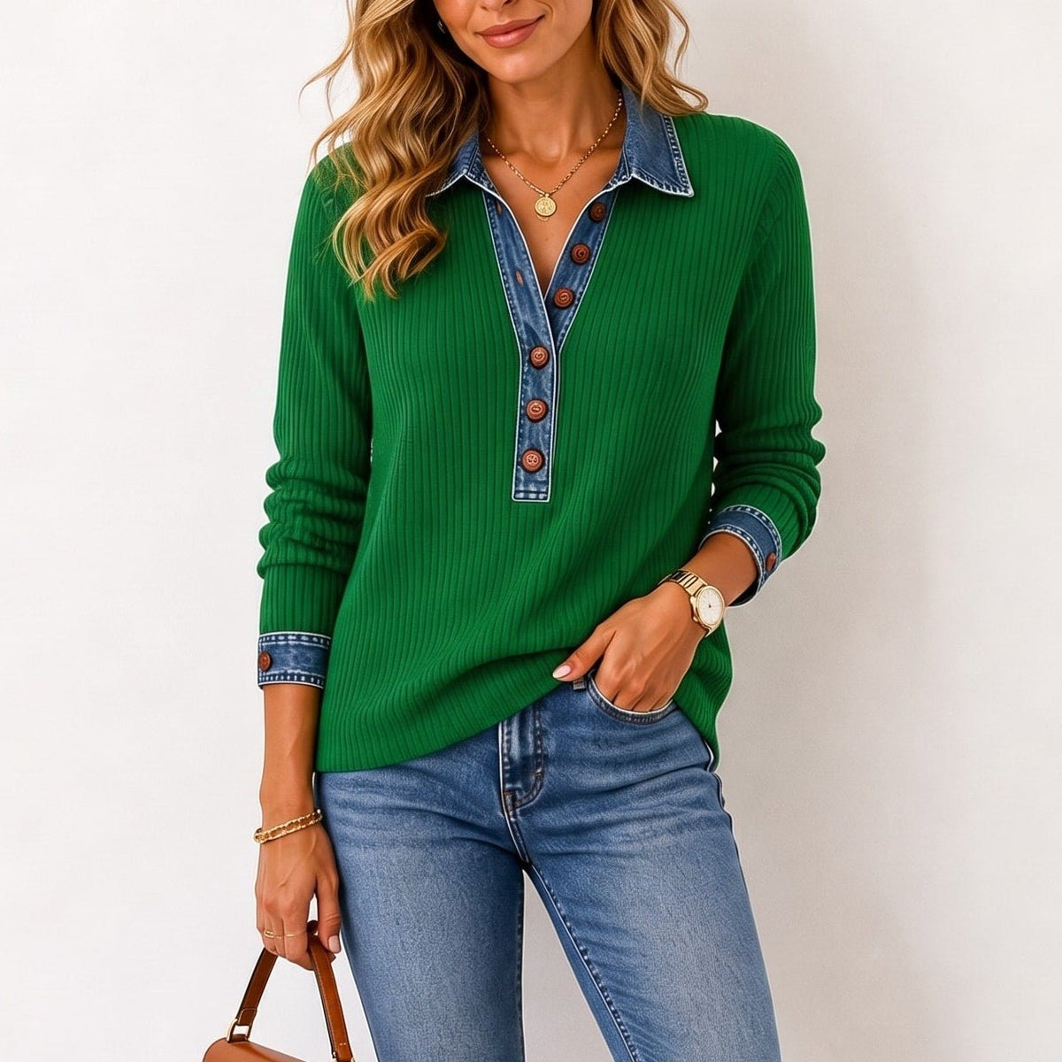 Olivia – Women’s Ribbed Knit Henley Sweater with Denim Collar