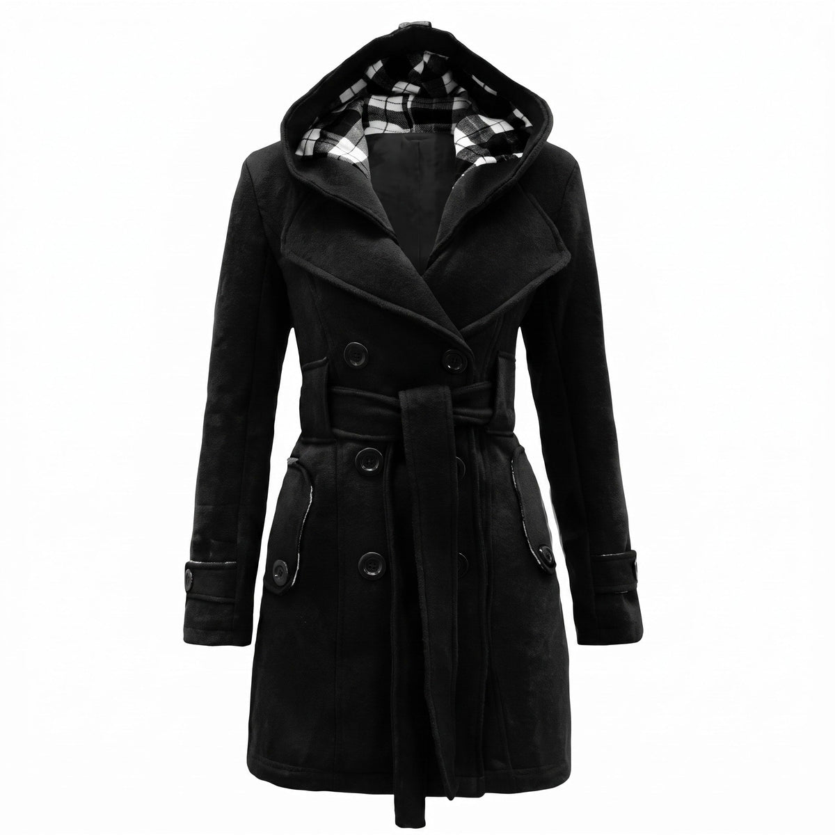 Sophie - Women's Double-Breasted Hooded Wool Coat with Belted Waist