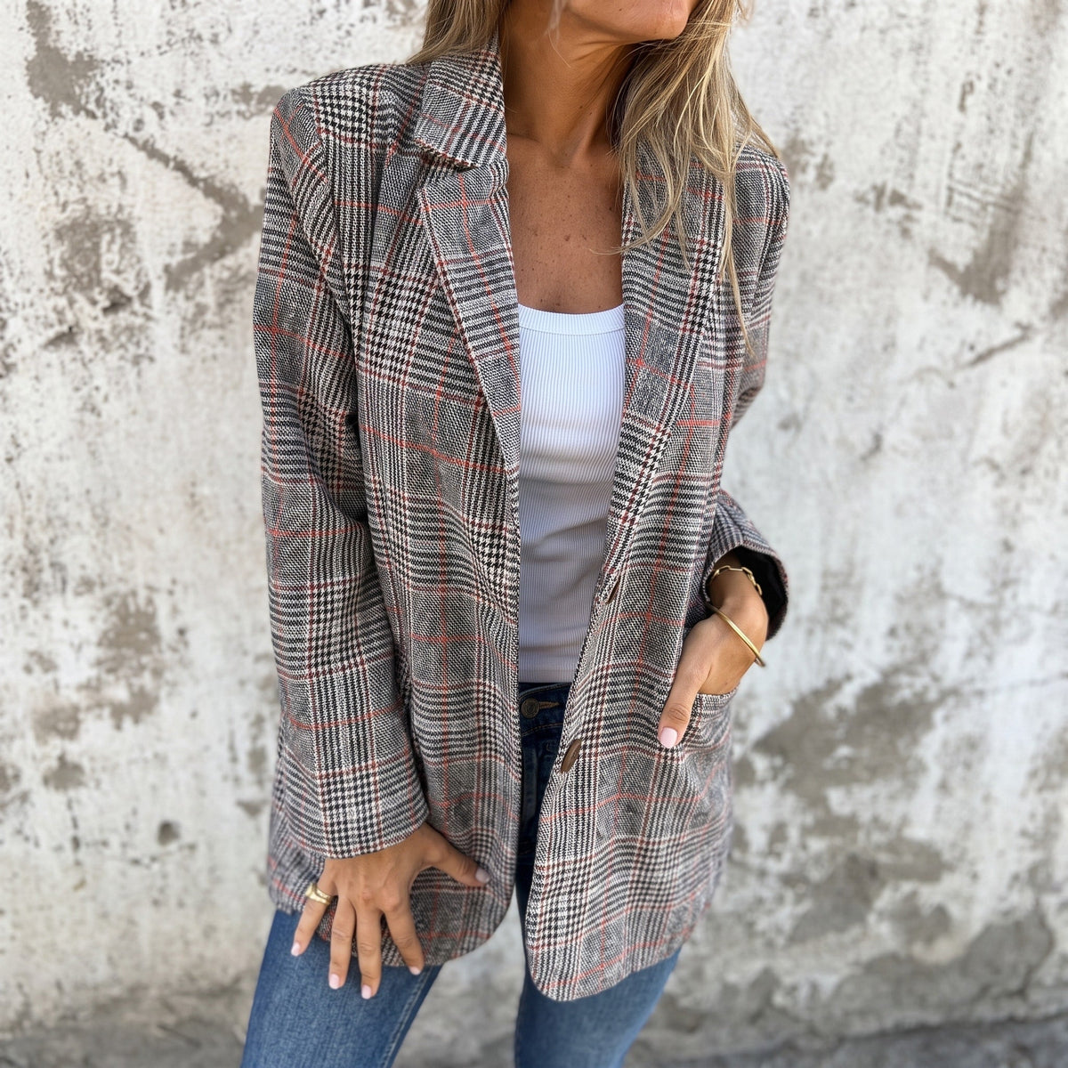 Sophie - Women's Double-Breasted Plaid Blazer with Notch Lapel