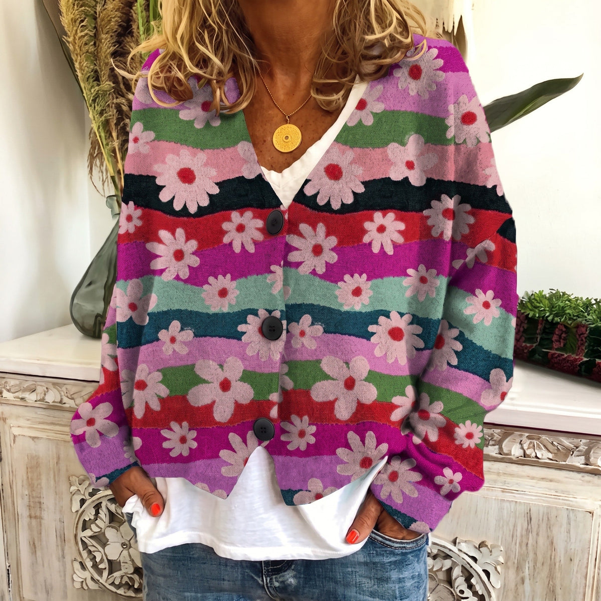 Sophie - Women's Floral Print Button-Front Cardigan