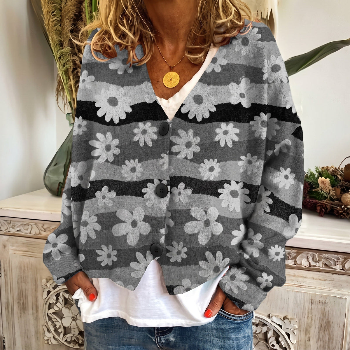 Sophie - Women's Floral Print Button-Front Cardigan