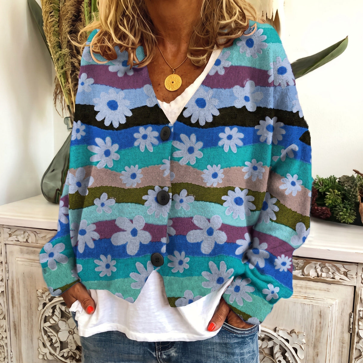 Sophie - Women's Floral Print Button-Front Cardigan