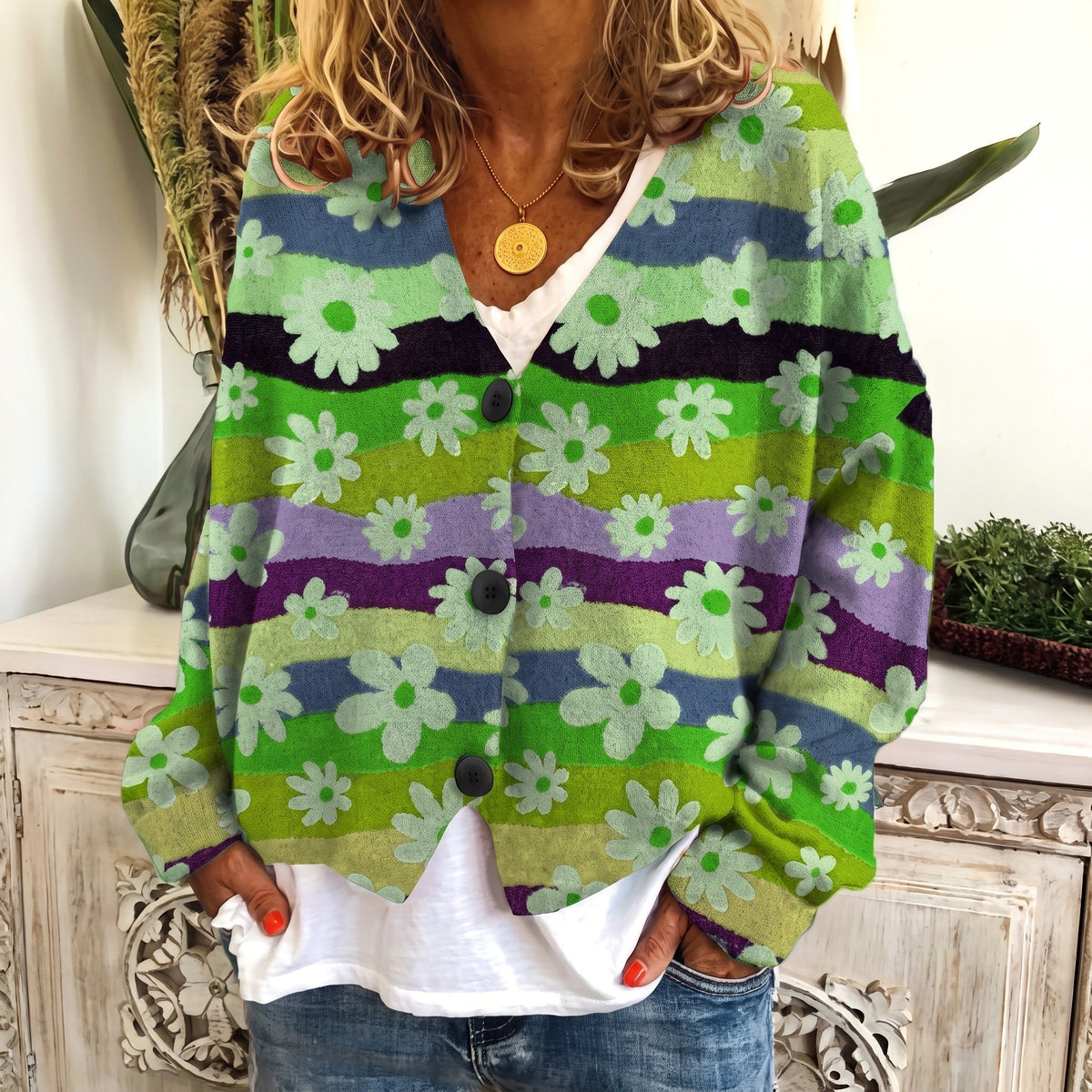 Sophie - Women's Floral Print Button-Front Cardigan