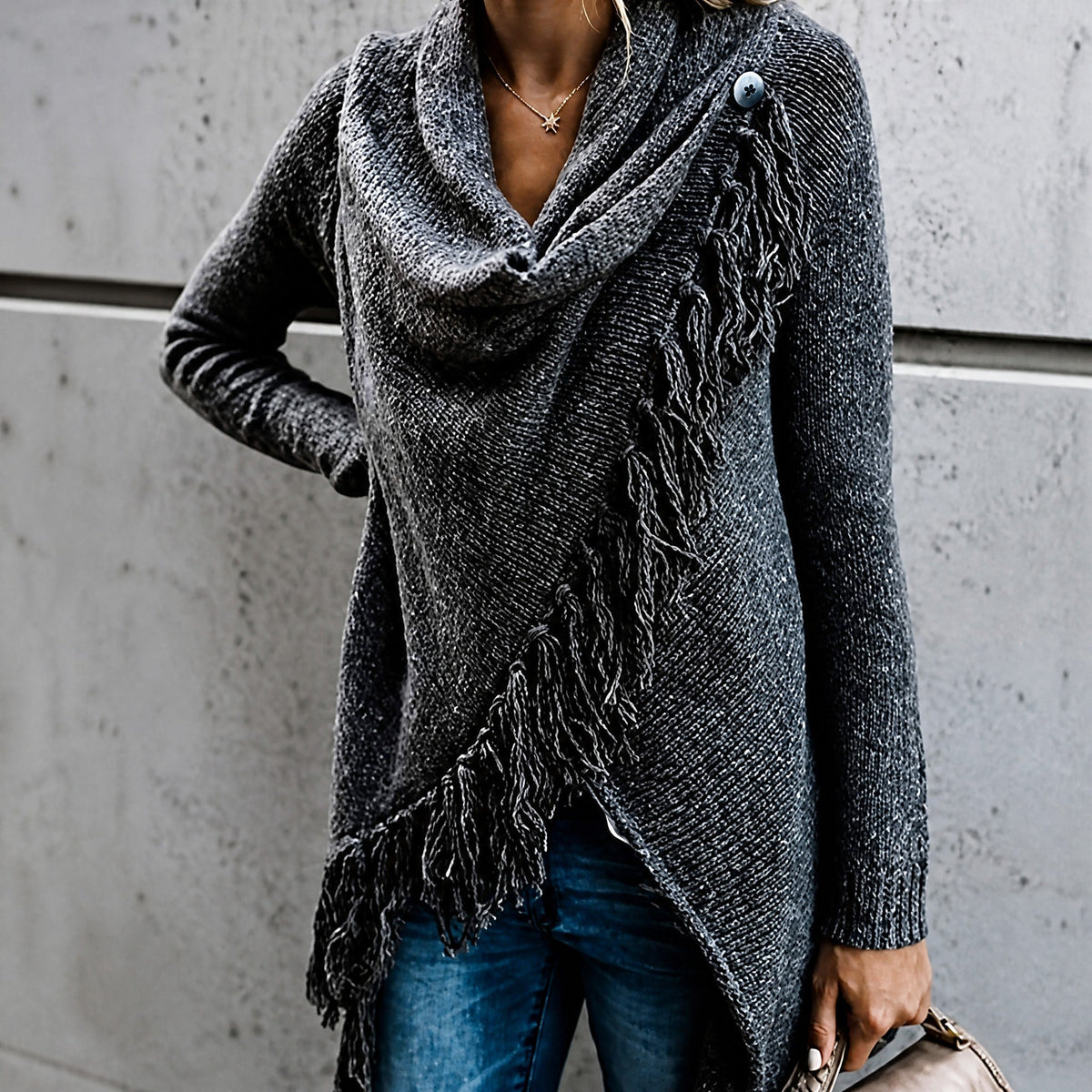 Sophie - Women's Fringe Waterfall Cardigan with Asymmetric Hem