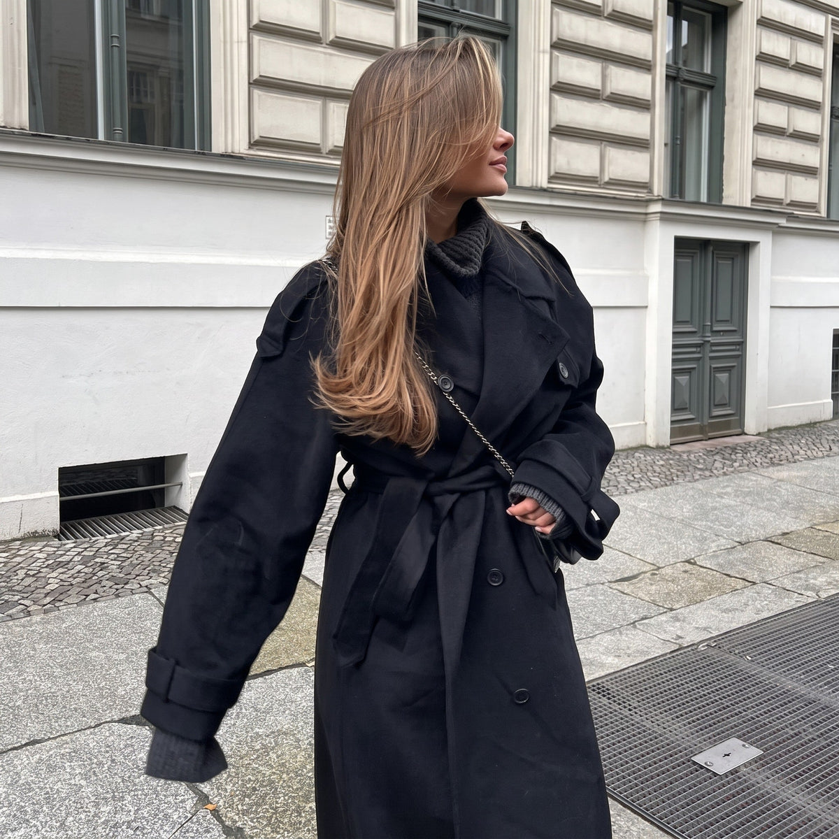 Sophie - Women's Longline Double-Breasted Trench Coat with Belted Waist