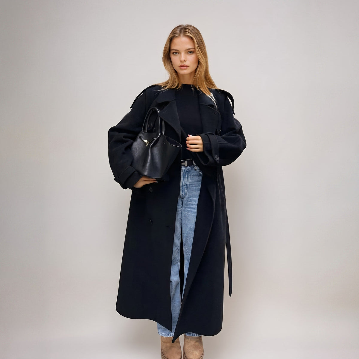 Sophie - Women's Longline Double-Breasted Trench Coat with Belted Waist