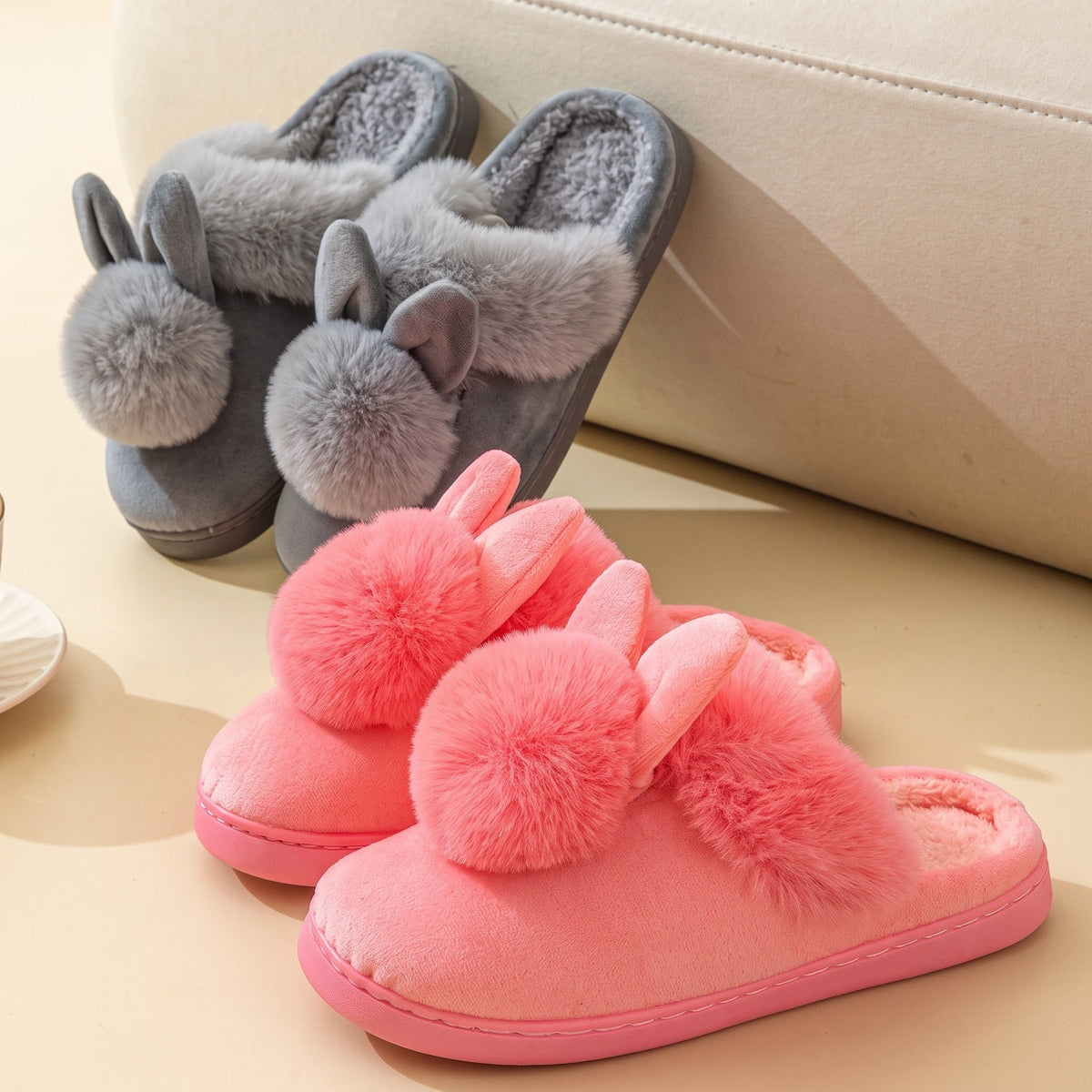 Willow - Women's Bunny Ear Fur Slippers with Pom-Pom Detail