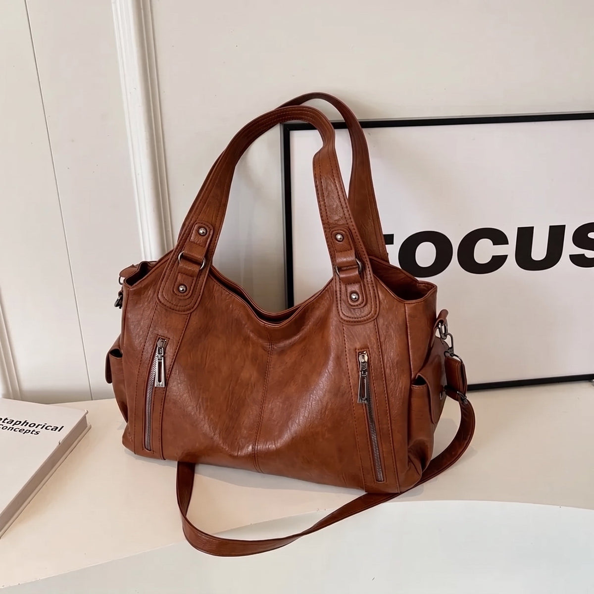 Sophie - Women's Zip Pocket Slouchy Shoulder Tote Bag