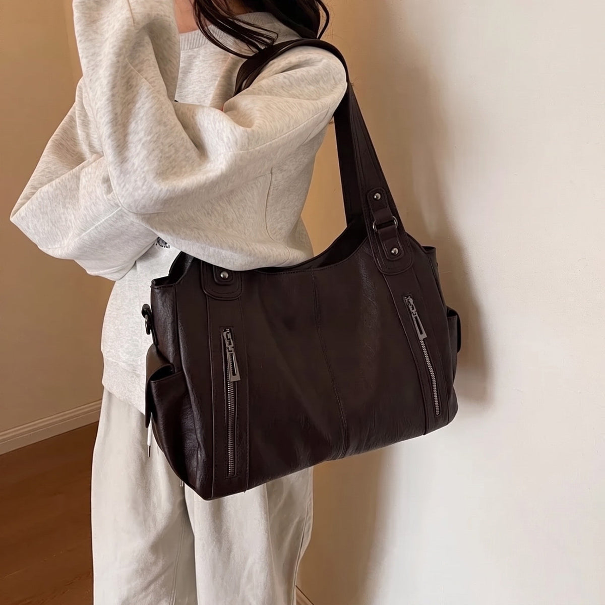 Sophie - Women's Zip Pocket Slouchy Shoulder Tote Bag