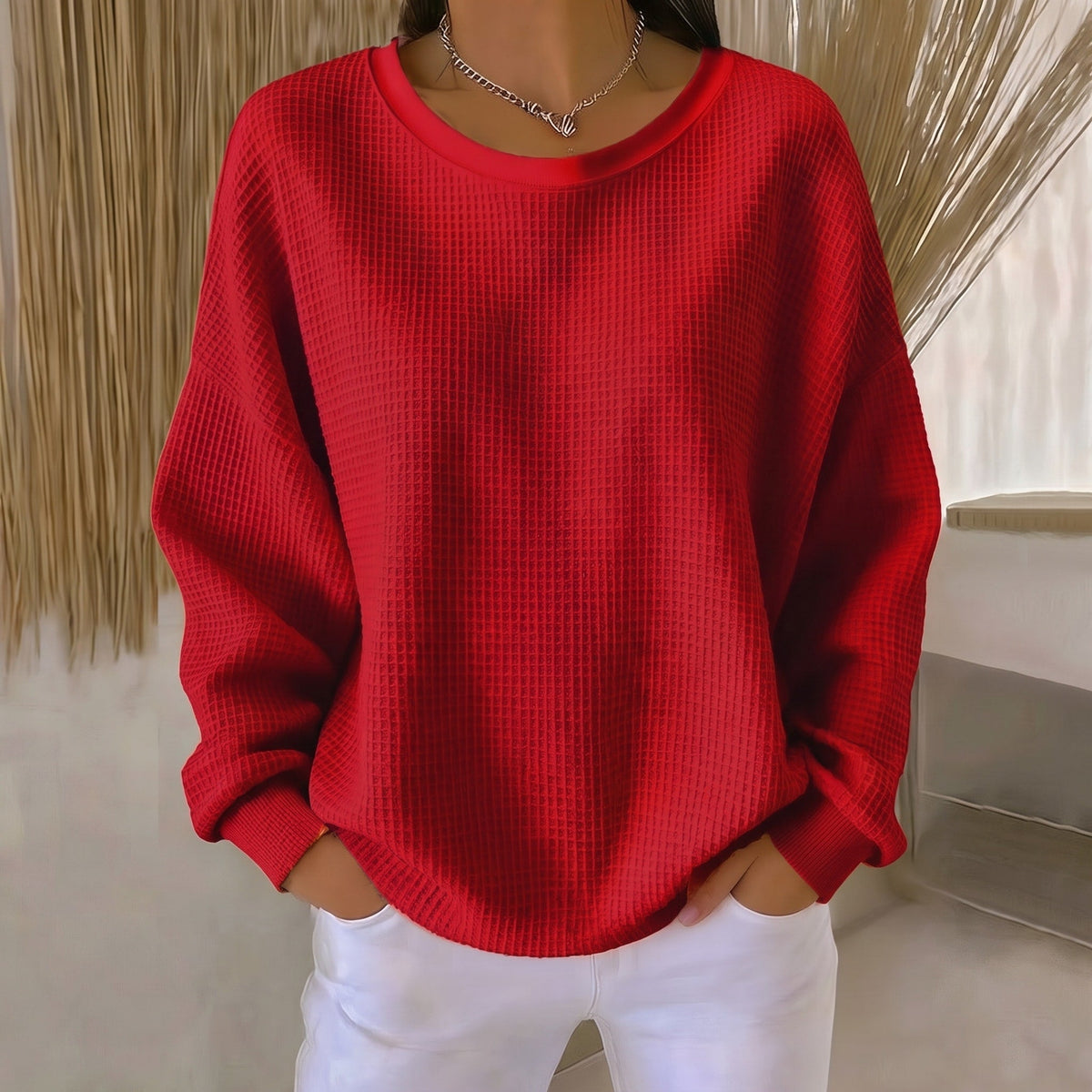 Sophie - Women's Oversized Waffle Knit Crewneck Sweater