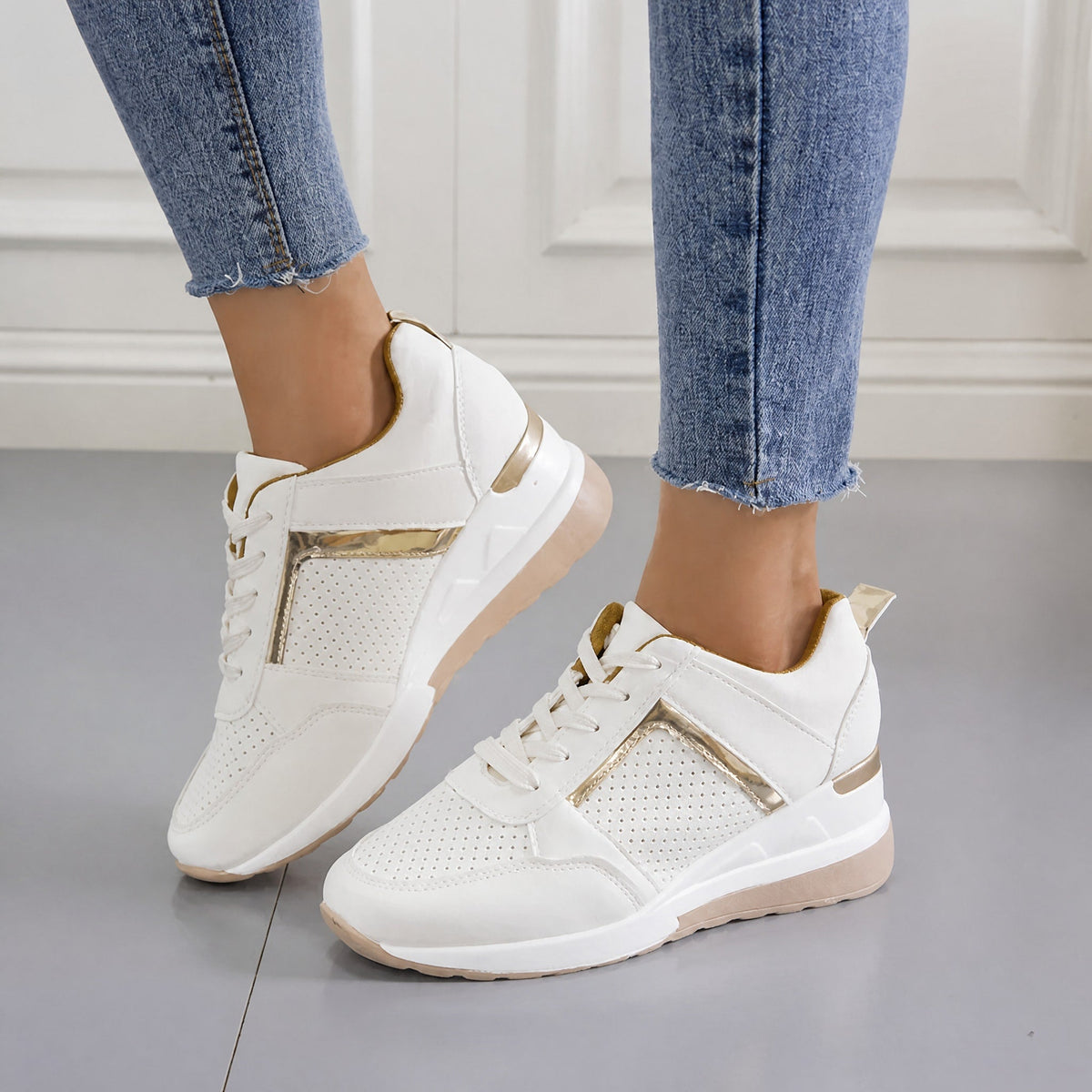 Wiktoria - Women's Supportive Wedge Sneakers with Perforated Panels