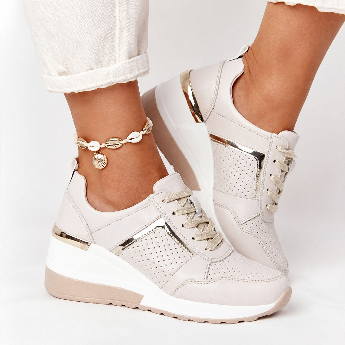 Wiktoria - Women's Supportive Wedge Sneakers with Perforated Panels
