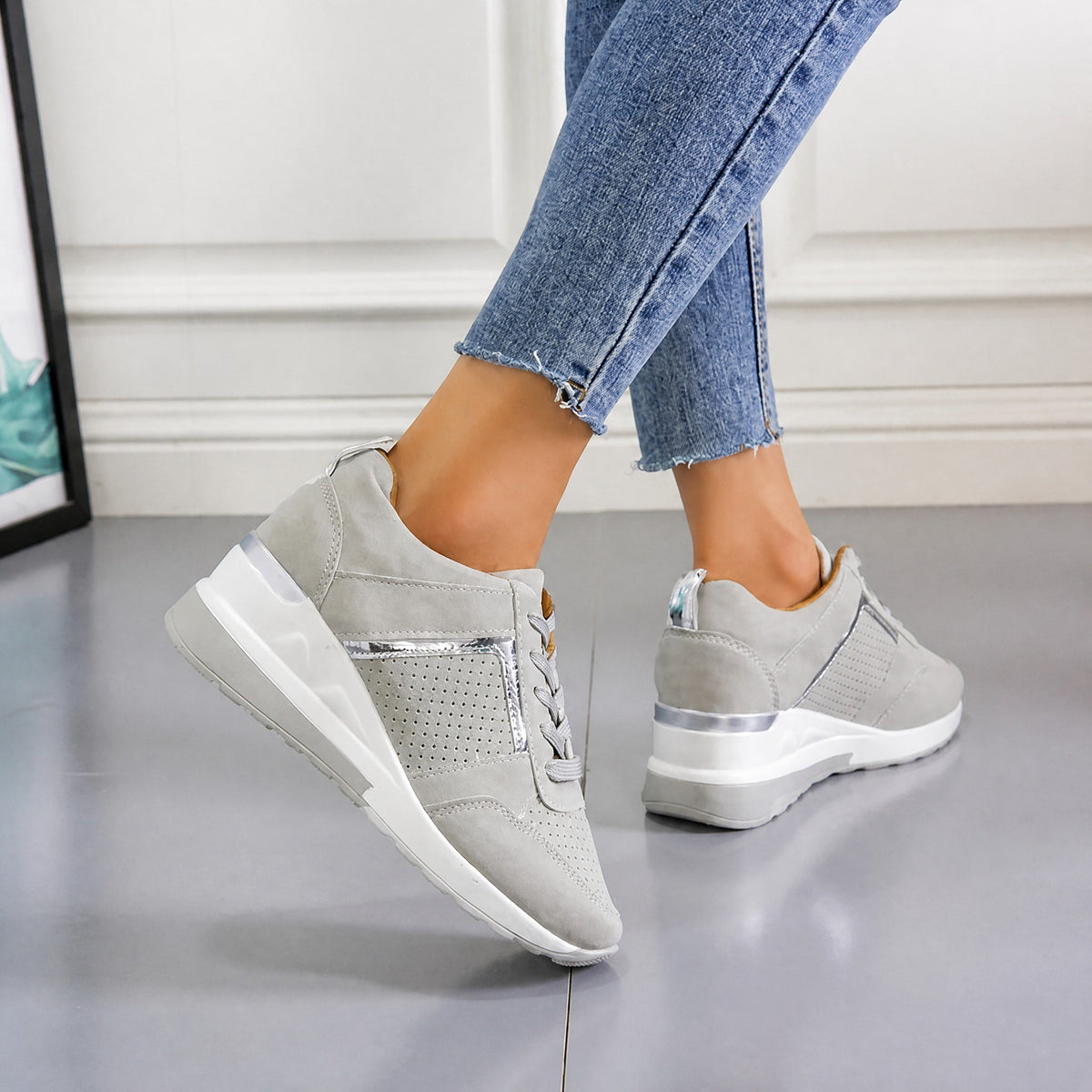 Wiktoria - Women's Supportive Wedge Sneakers with Perforated Panels