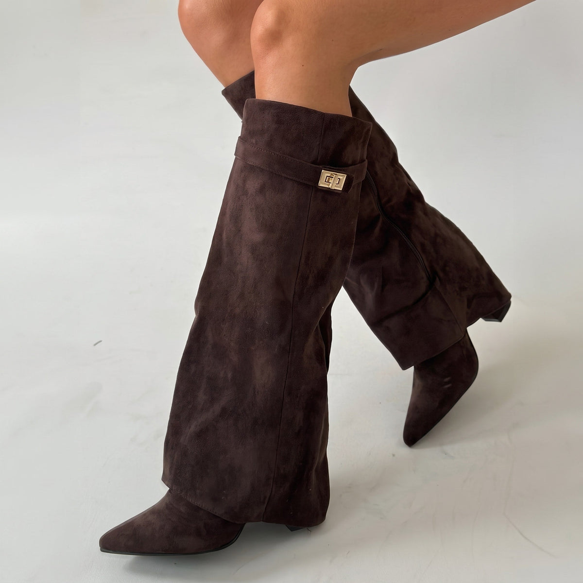 Sienna - Women's Pointed Toe Foldover Block Heel Knee-High Boots