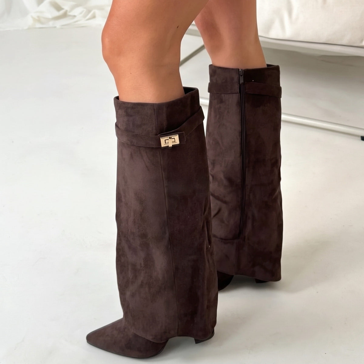 Sienna - Women's Pointed Toe Foldover Block Heel Knee-High Boots