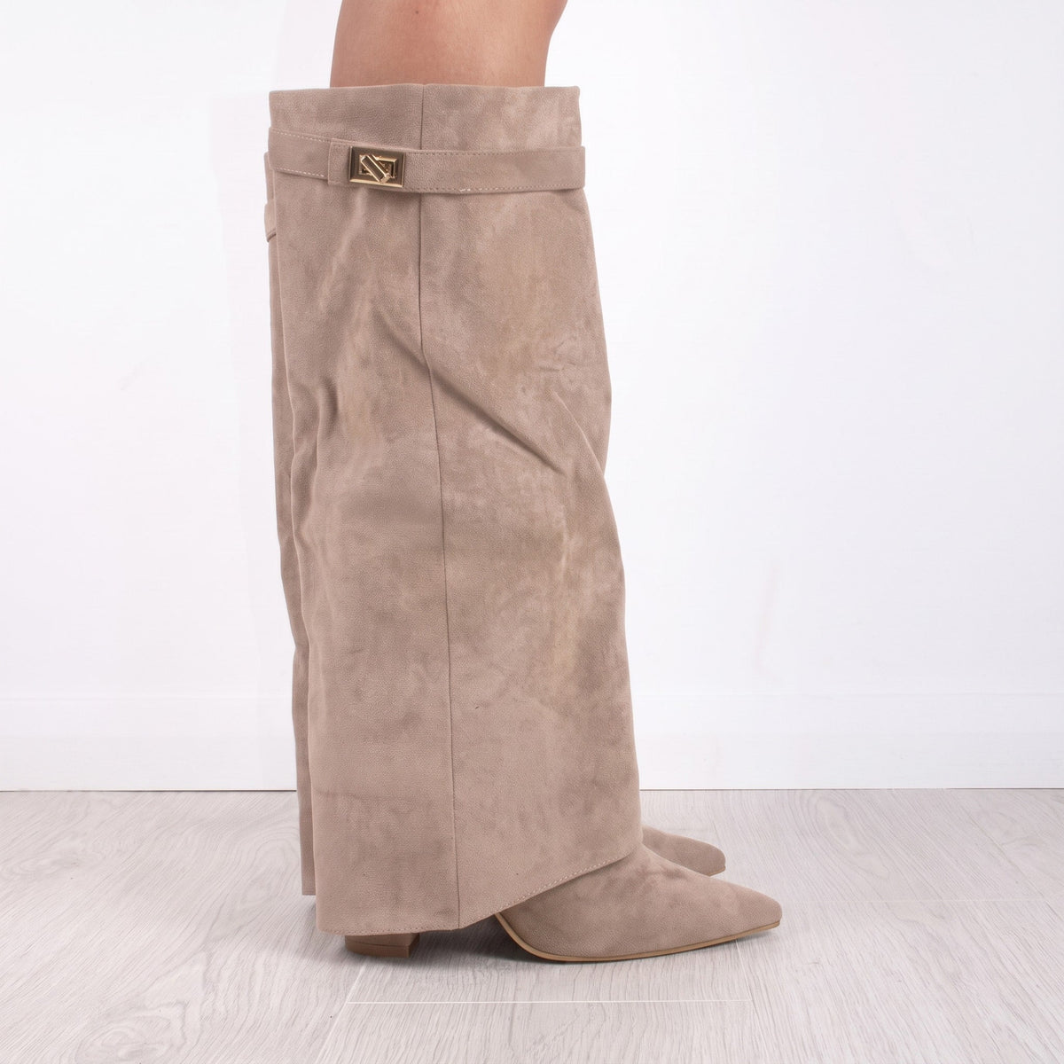 Sienna - Women's Pointed Toe Foldover Block Heel Knee-High Boots