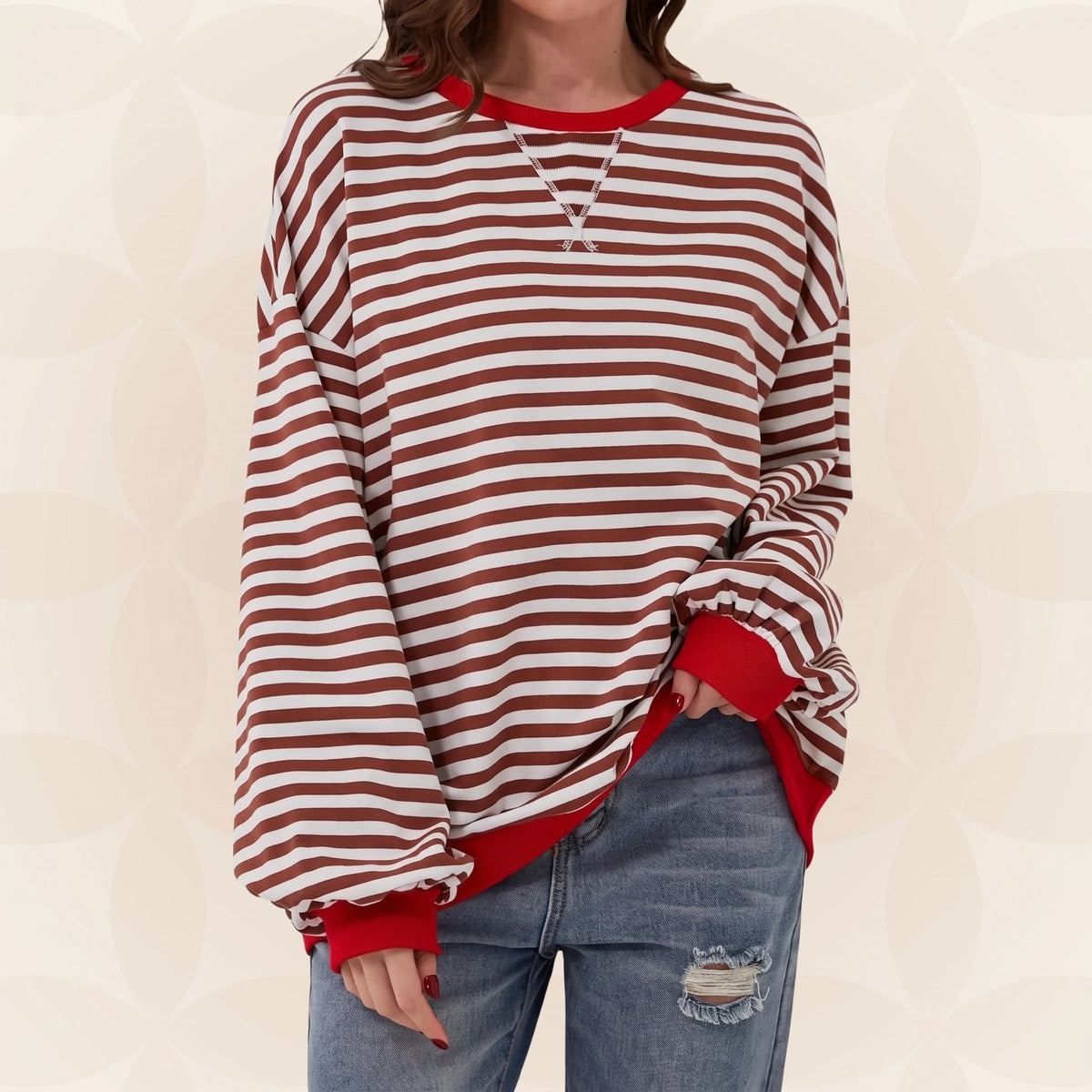 Olivia - Women's Oversized Striped Crewneck Sweatshirt with Contrast Trim