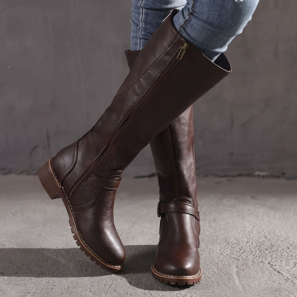 Sophia - Women's Knee-High Buckle Strap Riding Low Block Heel Boots