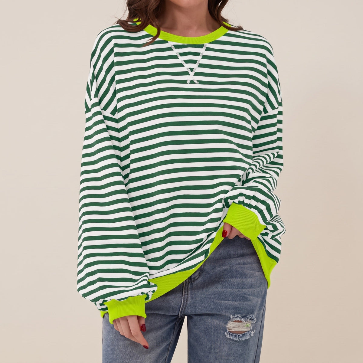 Olivia - Women's Oversized Striped Crewneck Sweatshirt with Contrast Trim
