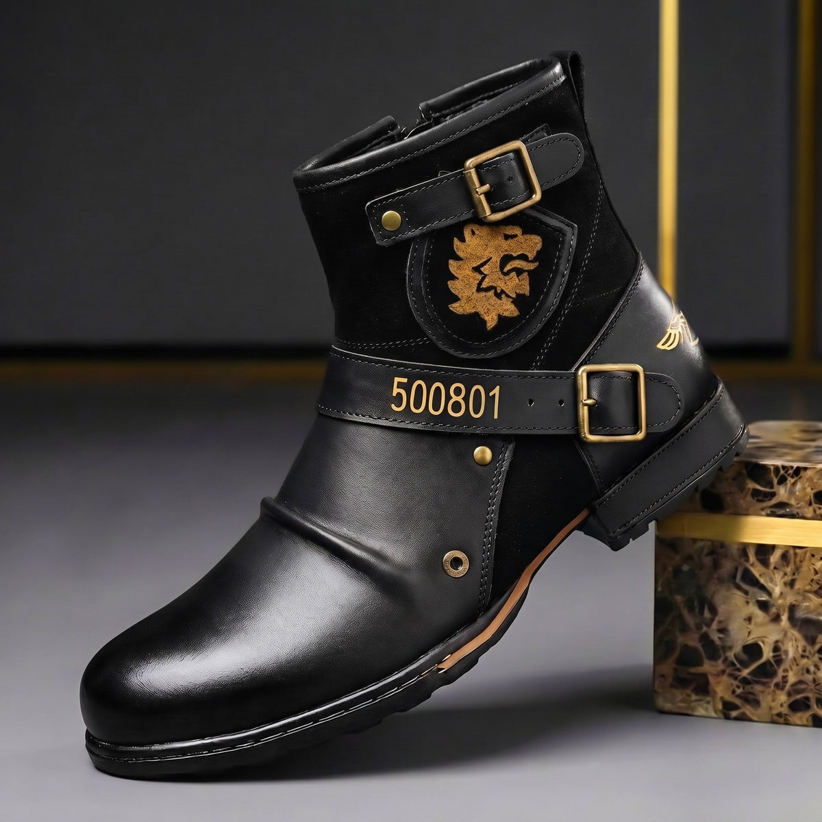 Charles – Men’s Rugged Ankle Boots with Buckle Strap and Side Zip