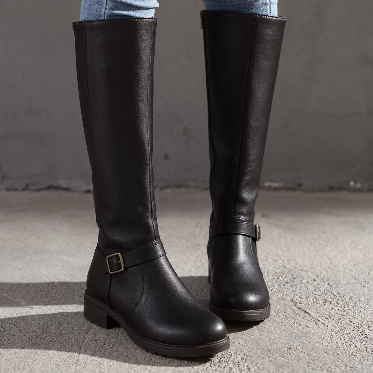 Sophia - Women's Knee-High Buckle Strap Riding Low Block Heel Boots