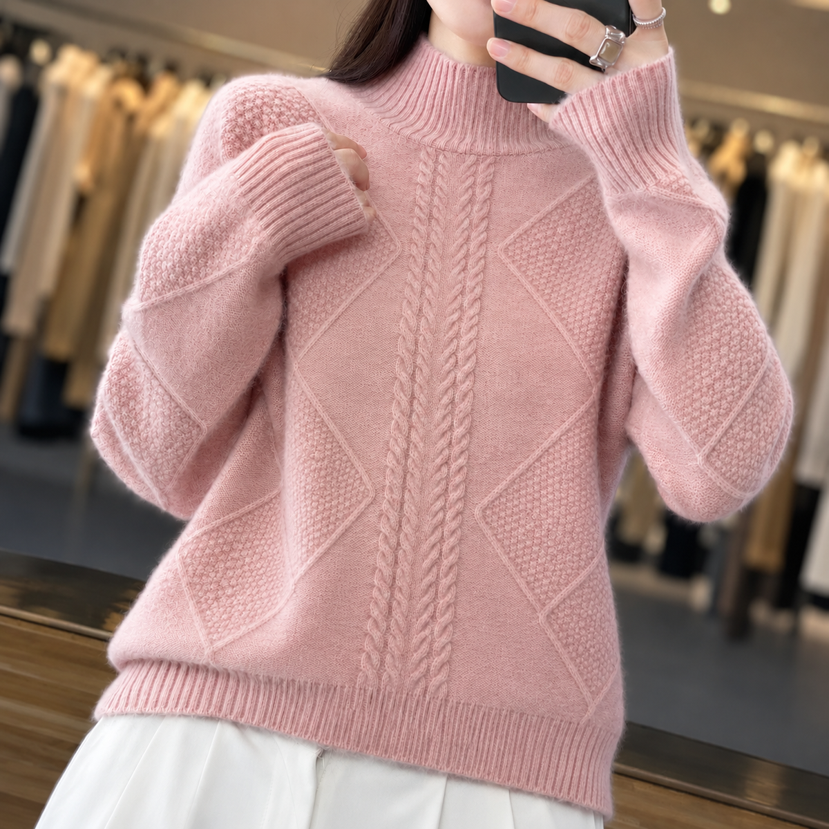 Maggie - Women's Cable-Knit Mock Neck Sweater