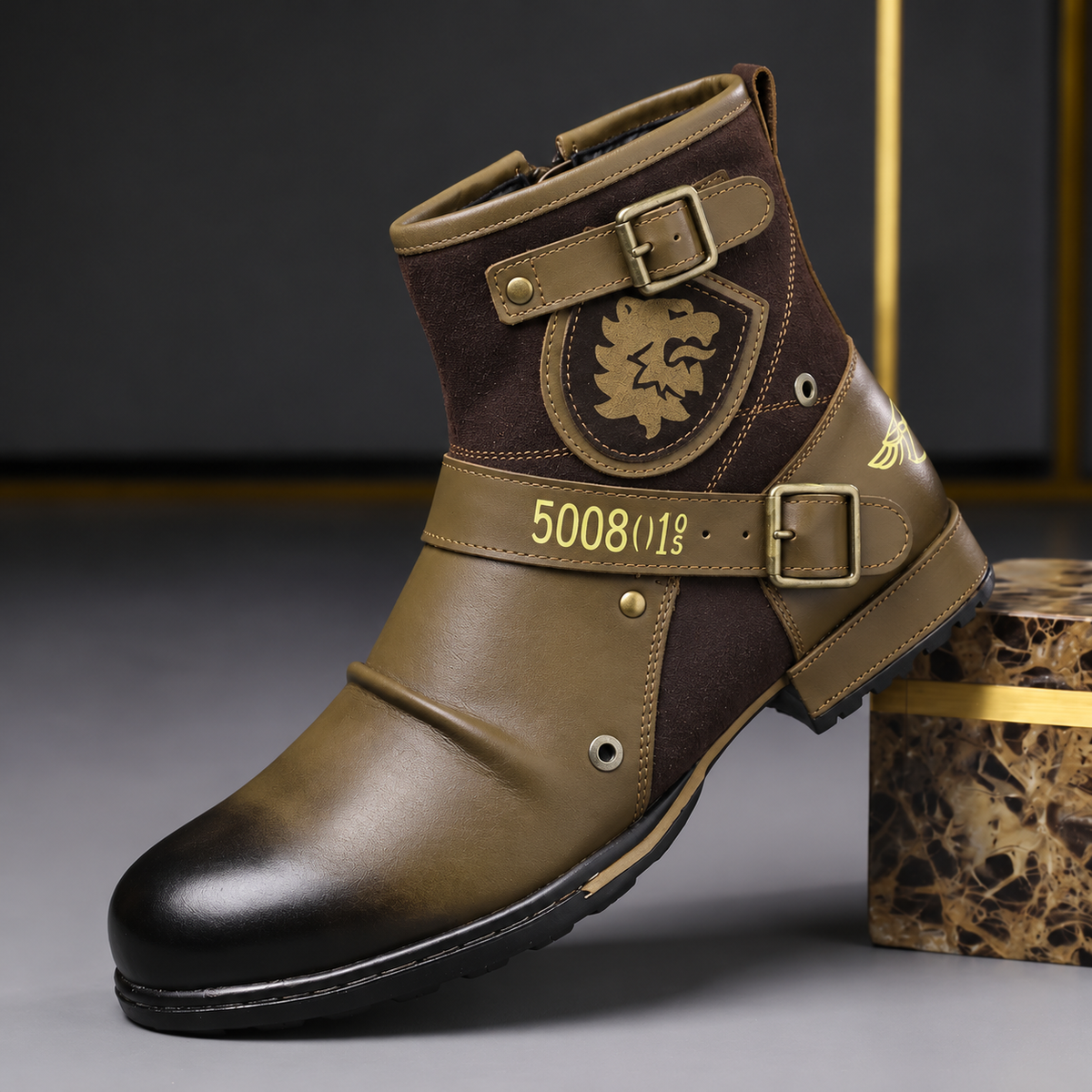 Charles – Men’s Rugged Ankle Boots with Buckle Strap and Side Zip