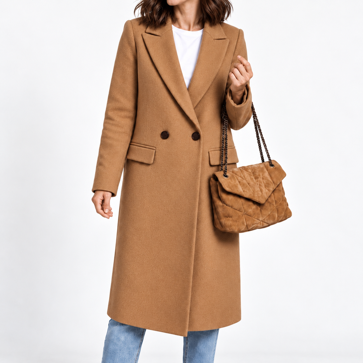 Wiktoria - Women's Tailored Double-Breasted Longline Overcoat with Notched Lapel