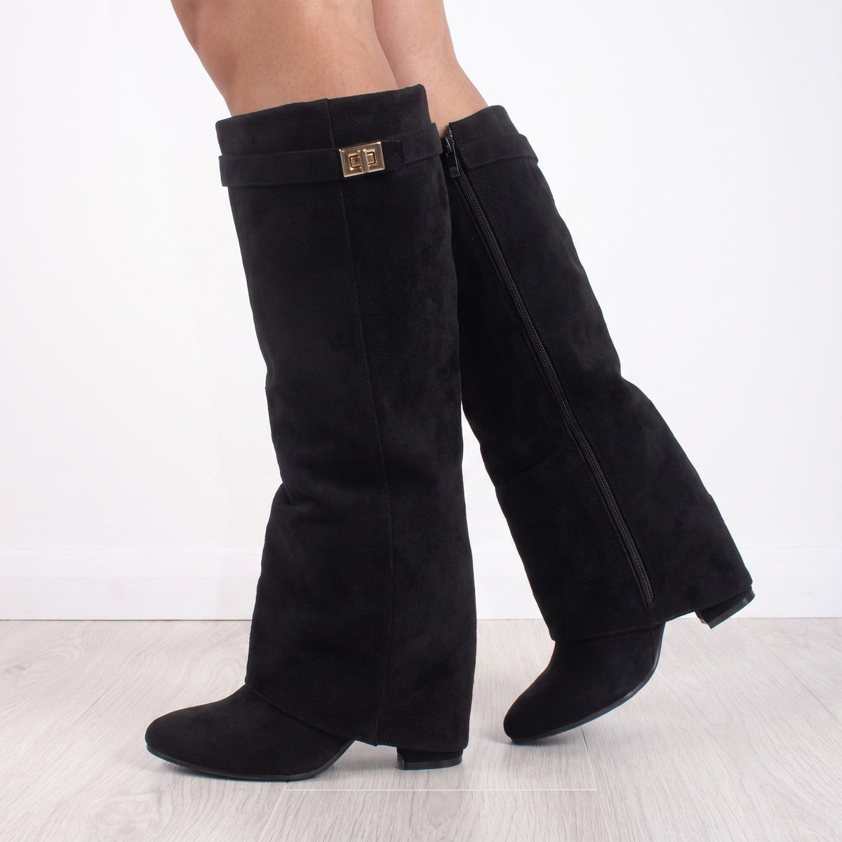 Sienna - Women's Pointed Toe Foldover Block Heel Knee-High Boots