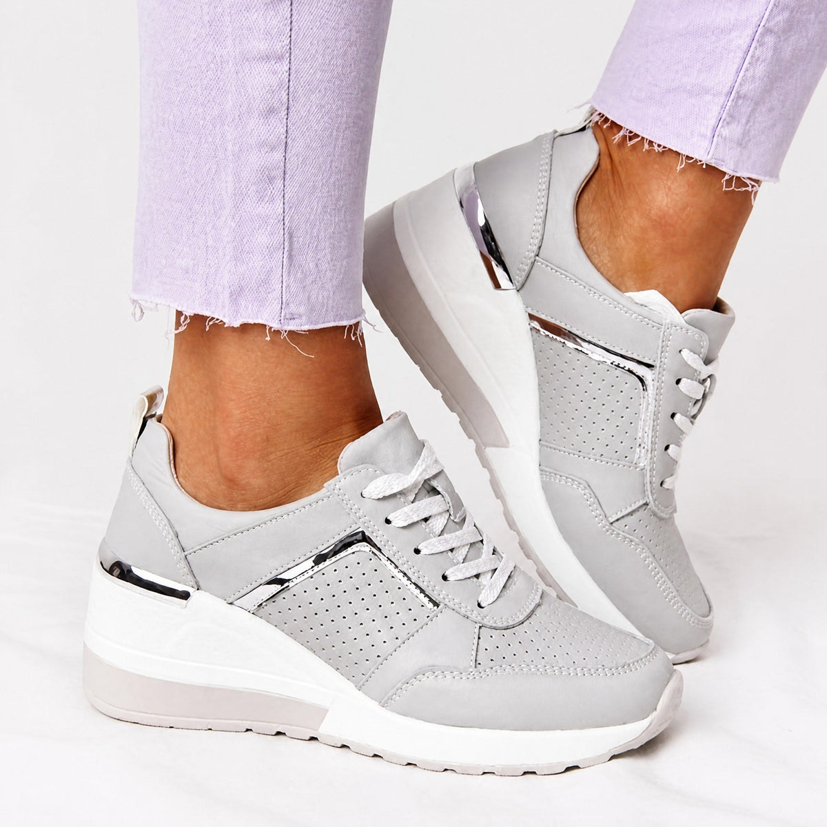 Alice - Women's Supportive Wedge Sneakers with Metallic Panel Detail