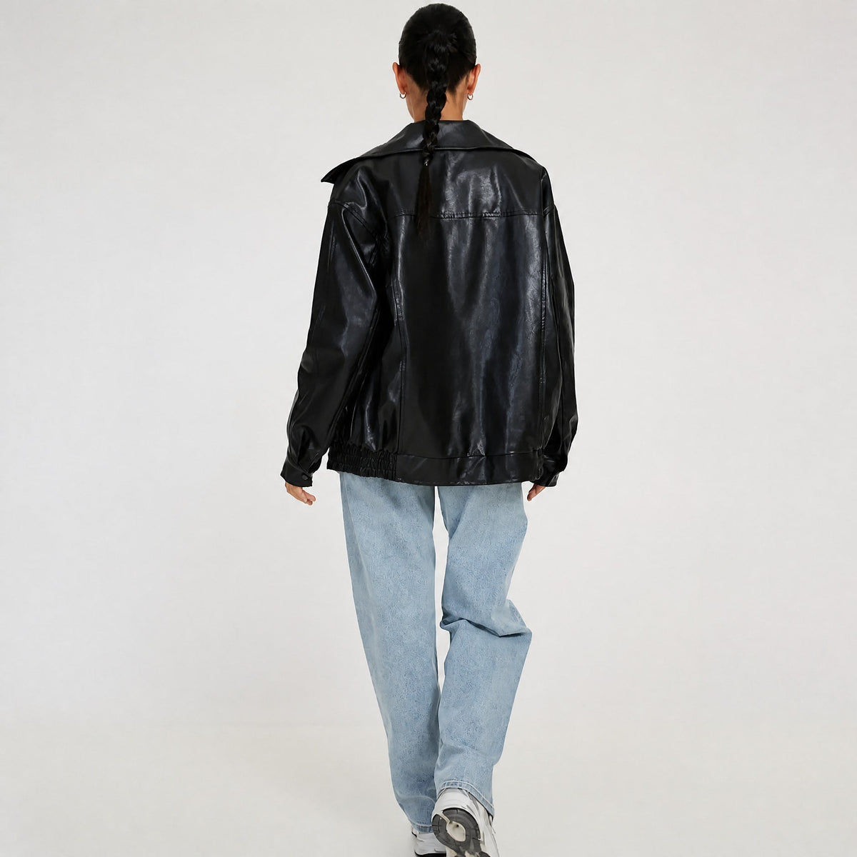 Althea - Women's Oversized Collared Zip-Up Leather Jacket