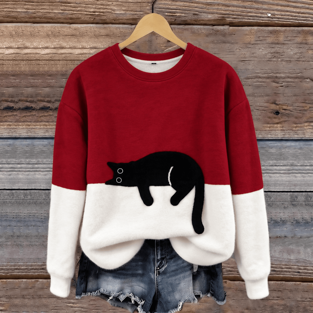 Phoebe - Women's Cat Print Colorblock Crew Neck Sweater