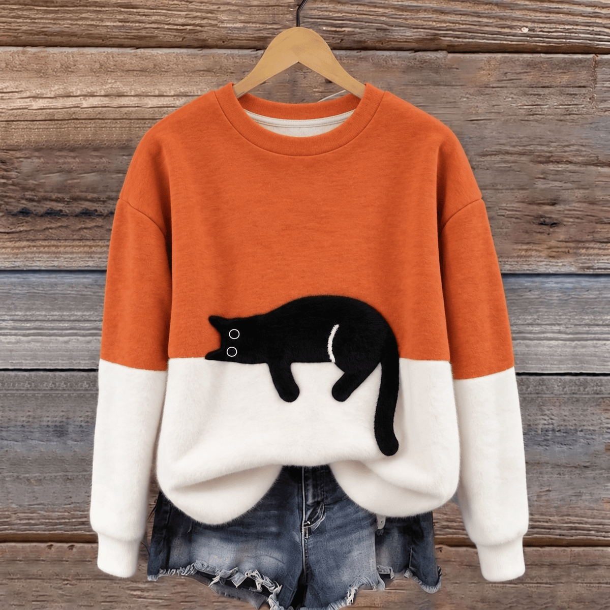 Phoebe - Women's Cat Print Colorblock Crew Neck Sweater