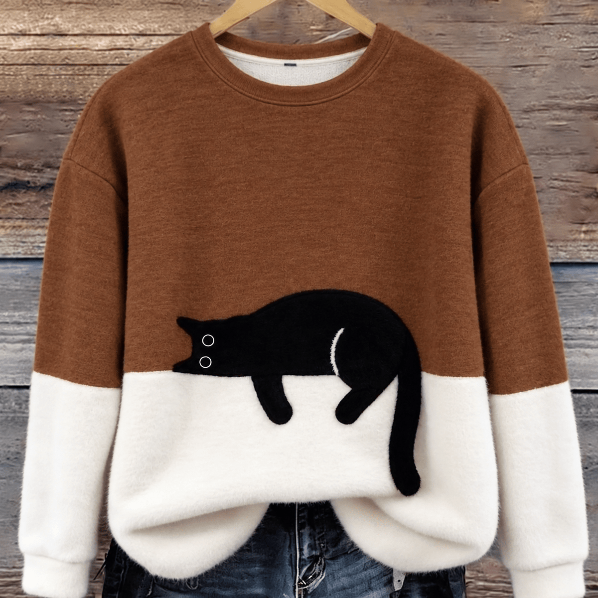 Phoebe - Women's Cat Print Colorblock Crew Neck Sweater