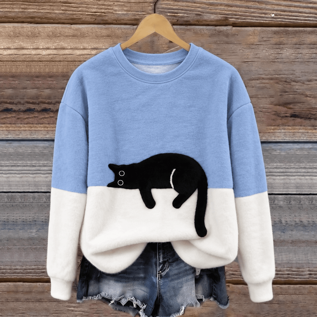 Phoebe - Women's Cat Print Colorblock Crew Neck Sweater