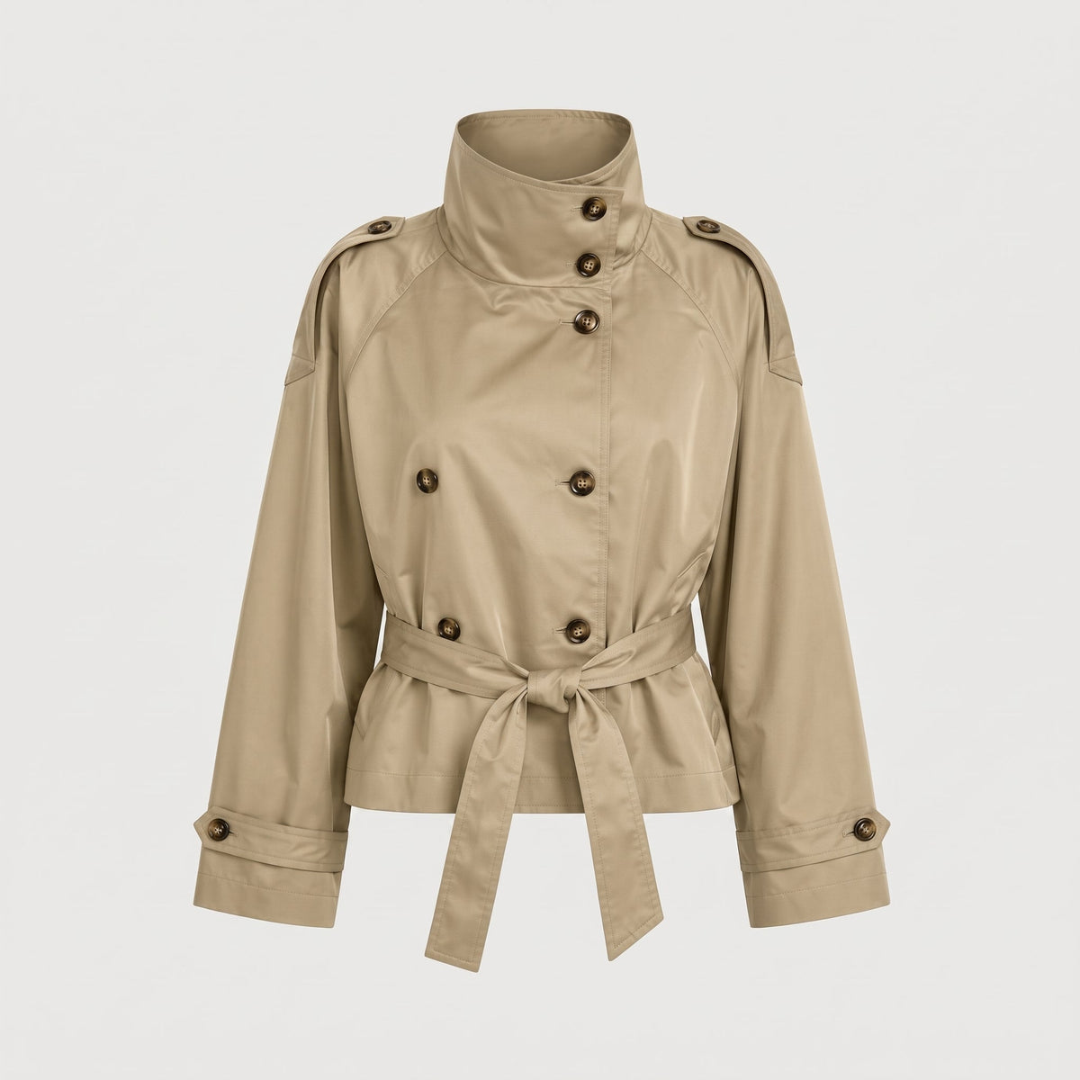 Amelia - Women's Double-Breasted Cropped Trench Jacket with Stand Collar